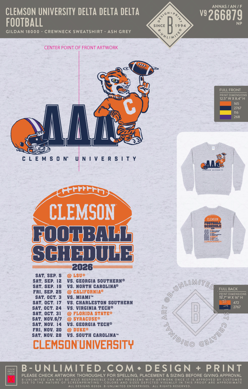 Clemson University Delta Delta Delta - Football - Gildan - 18000 - Crewneck Sweatshirt - Ash Grey