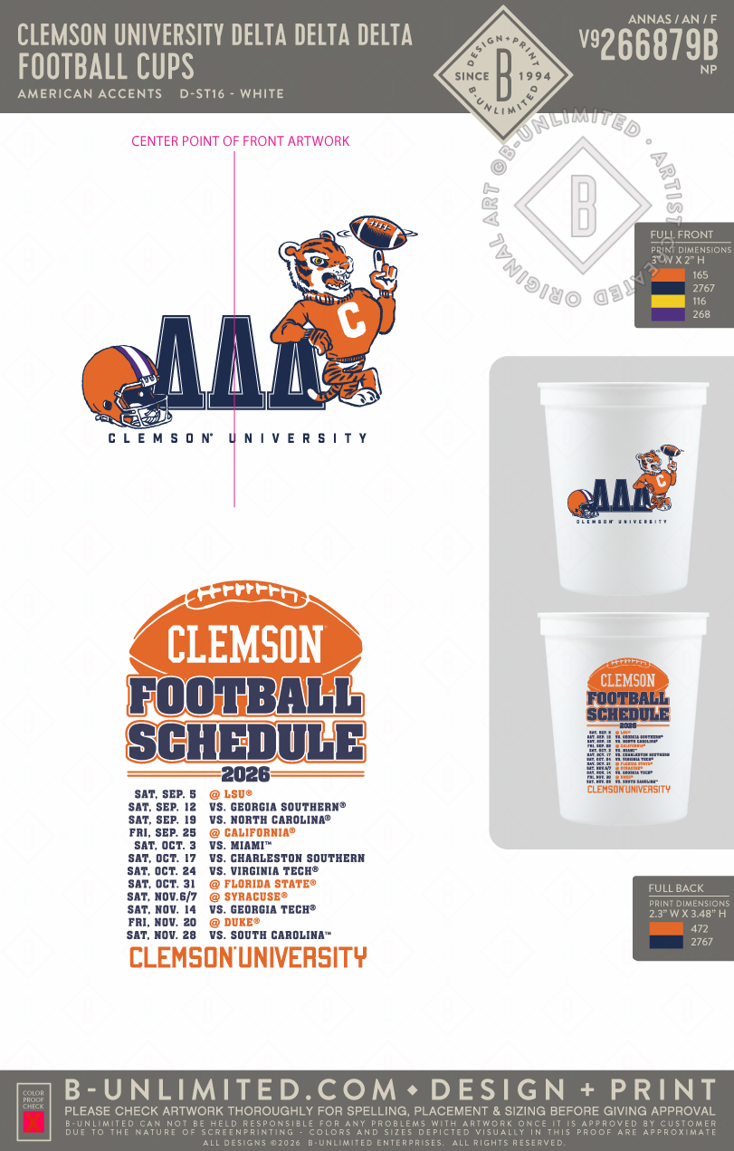 Clemson University Delta Delta Delta - Football cups - American Accents - D-ST16 - 16 oz Cup - White