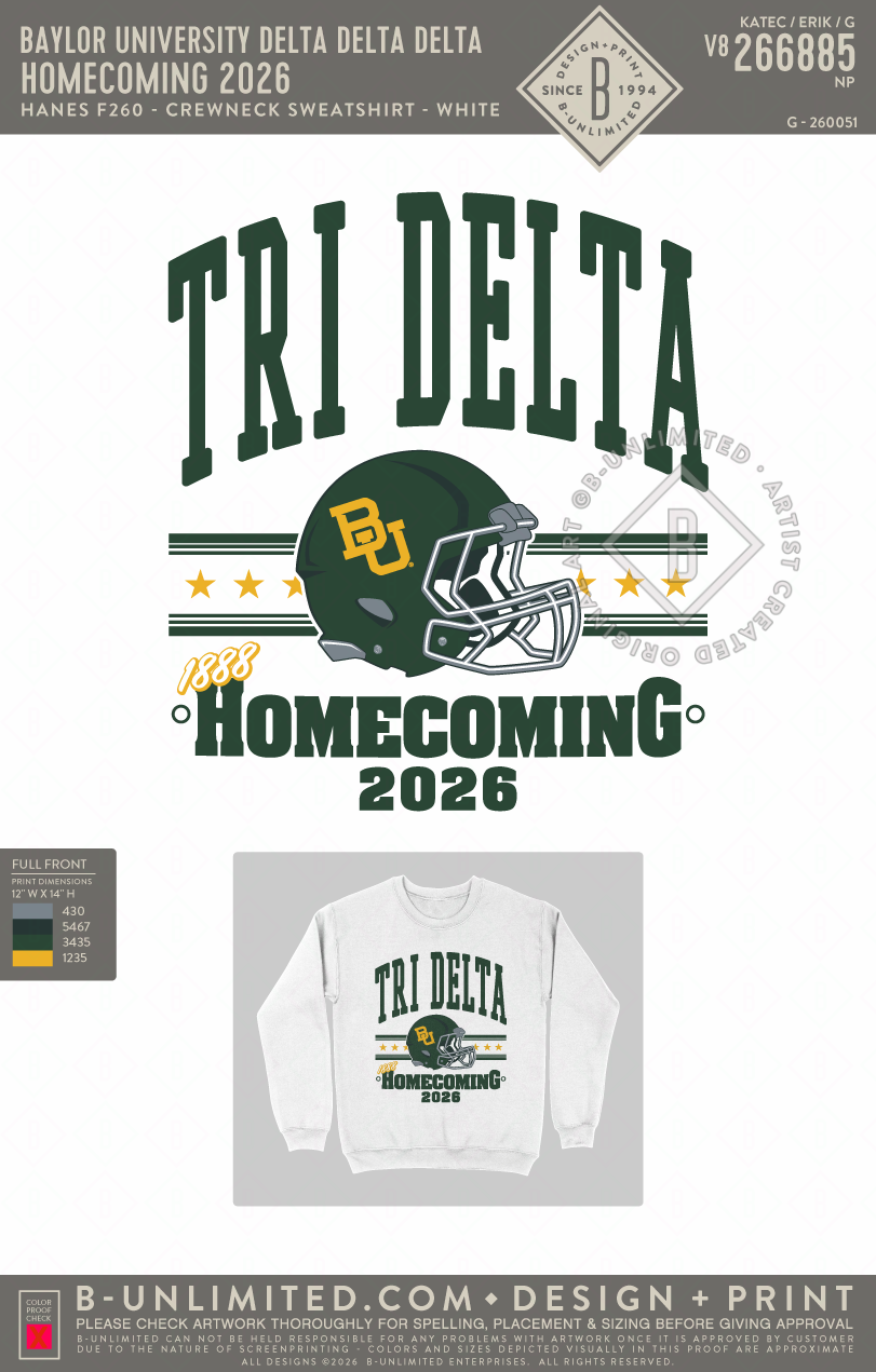 Baylor University Delta Delta Delta - Homecoming 2026 - Hanes - F260 - Sweatshirt - White