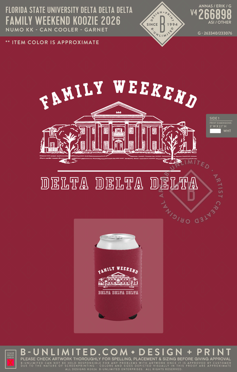 Florida State University Delta Delta Delta - Family Weekend Koozie 2026 - Numo - KK - Can Cooler - Garnet