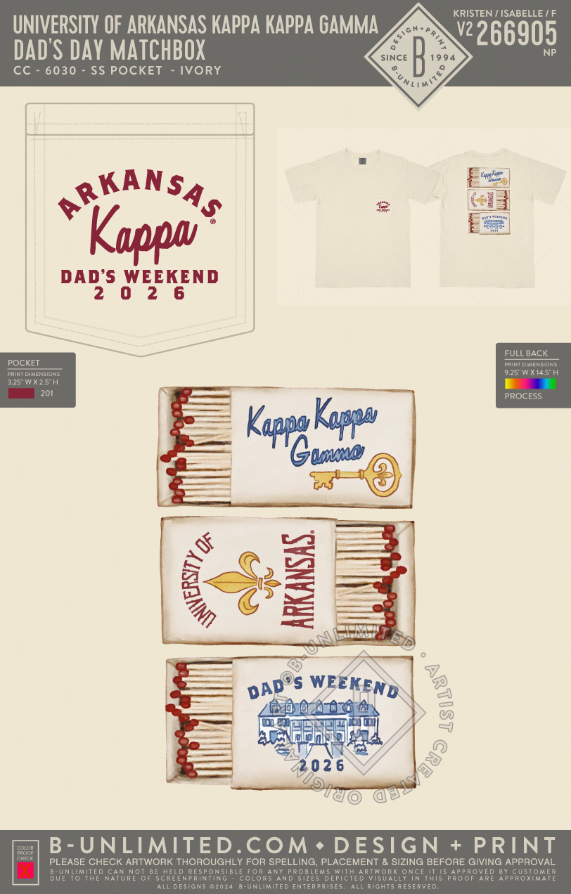 University of Arkansas Kappa Kappa Gamma - Dad's Day Matchbox - CC - 6030 - SS Pocket - Ivory
