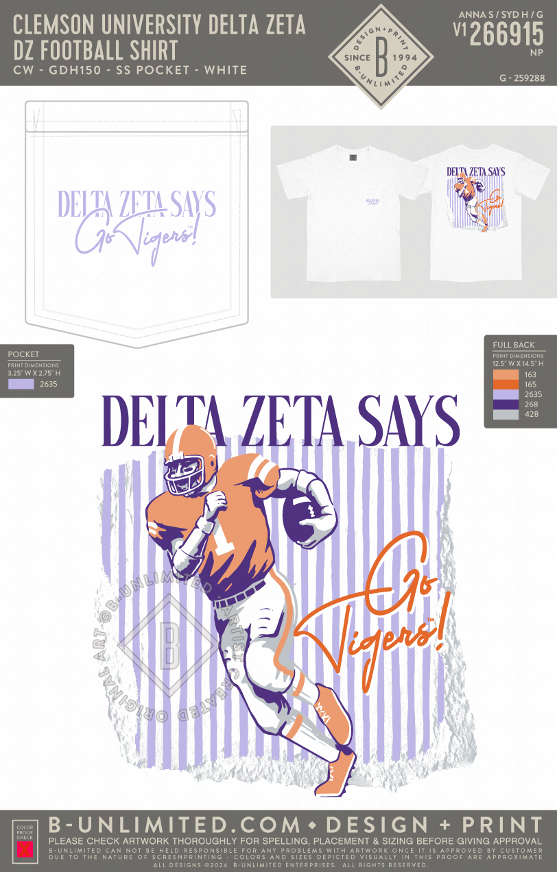 Clemson University Delta Zeta - DZ Football Shirt - CC - 6030 - SS Pocket - White