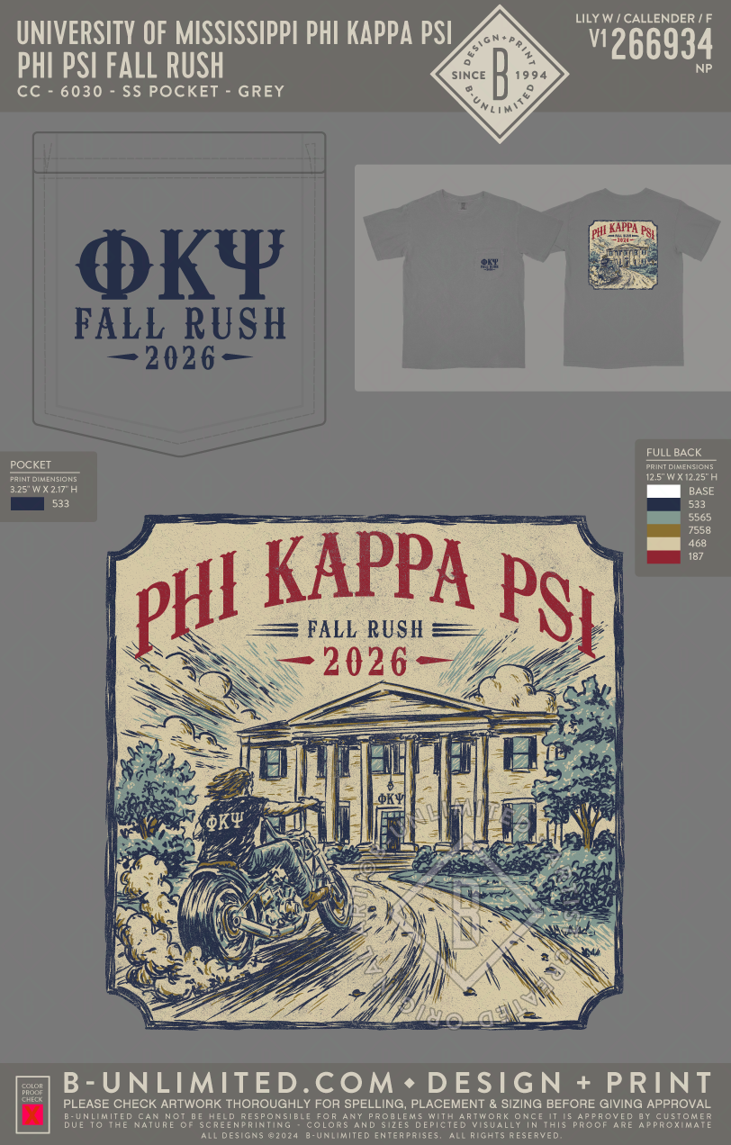 University of Mississippi Phi Kappa Psi - Phi Psi Fall Rush - CC - 6030 - SS Pocket - Grey