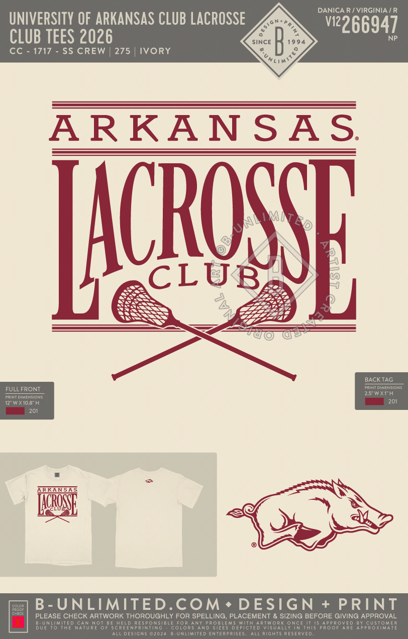University of Arkansas Club Lacrosse - Club Tees 2026 - CC - 1717 - SS Crew - Ivory