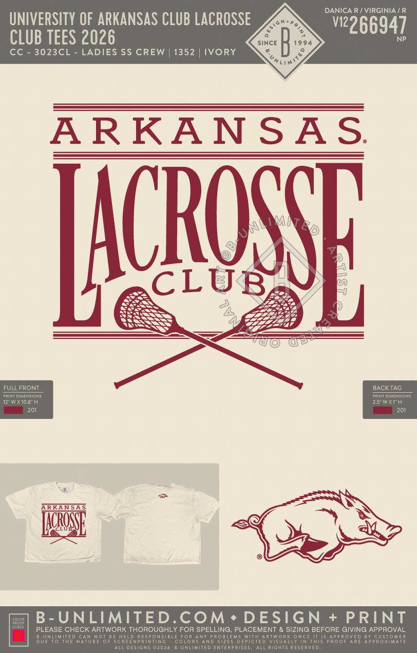 University of Arkansas Club Lacrosse - Club Tees 2026 - CC - 3023CL - Ladies SS Crew - Ivory