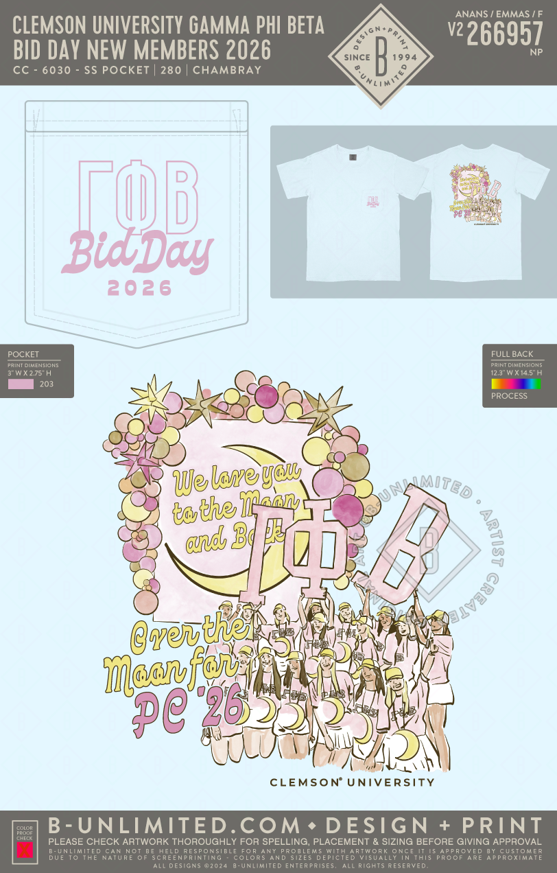 Clemson University Gamma Phi Beta - Bid Day New Members 2026 - CC - 6030 - SS Pocket - Chambray