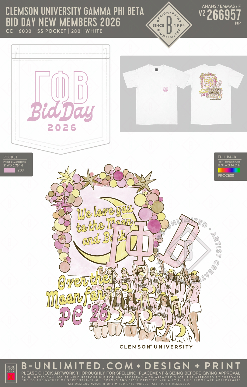 Clemson University Gamma Phi Beta - Bid Day New Members 2026 - CC - 6030 - SS Pocket - White