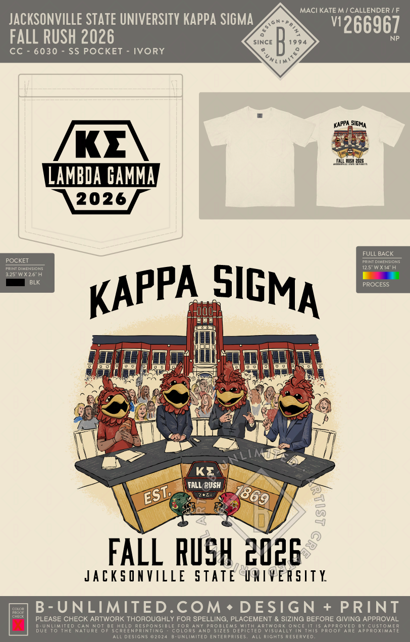 Jacksonville State University Kappa Sigma - Fall Rush 2026 - CC - 6030 - SS Pocket - Ivory
