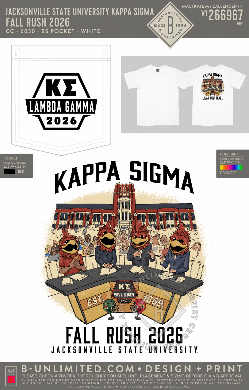 Jacksonville State University Kappa Sigma - Fall Rush 2026 - CC - 6030 - SS Pocket - White