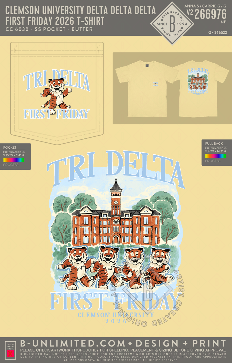 Clemson University Delta Delta Delta - First Friday 2026 T-shirt - CC - 6030 - SS Pocket - Butter