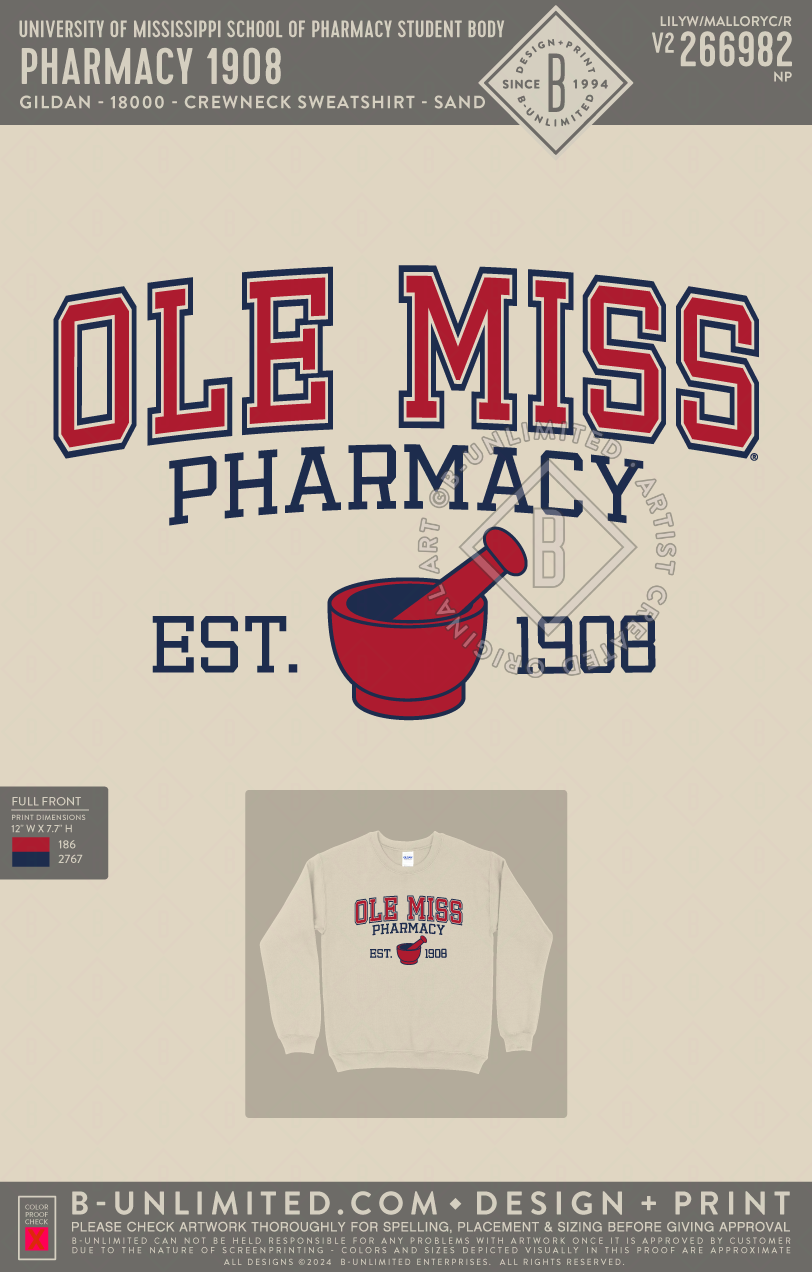 University of Mississippi School of Pharmacy Student Body - Pharmacy 1908 - Gildan - 18000 - Crewneck Sweatshirt - Sand