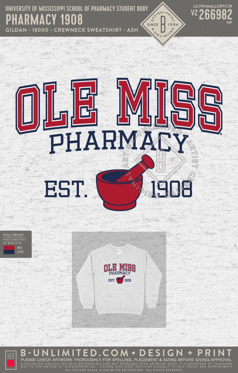 University of Mississippi School of Pharmacy Student Body - Pharmacy 1908 - Gildan - 18000 - Crewneck Sweatshirt - Ash Grey