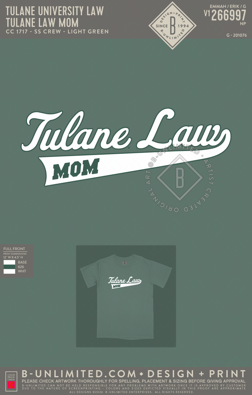 Tulane University Law - Tulane Law MOM - CC - 1717 - SS Crew - Light Green