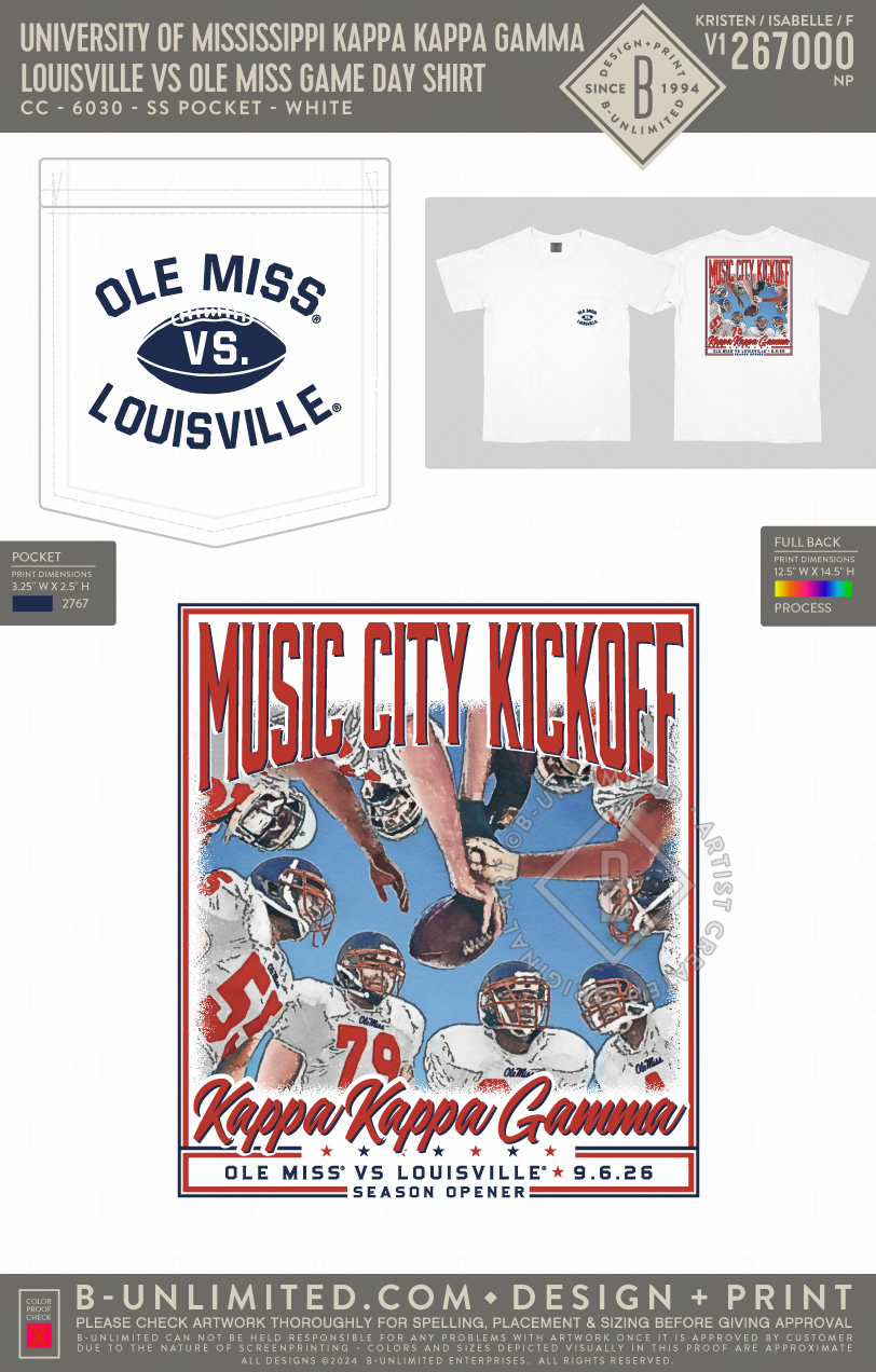 University of Mississippi Kappa Kappa Gamma - Louisville vs Ole Miss Game Day Shirt - CC - 6030 - SS Pocket - White