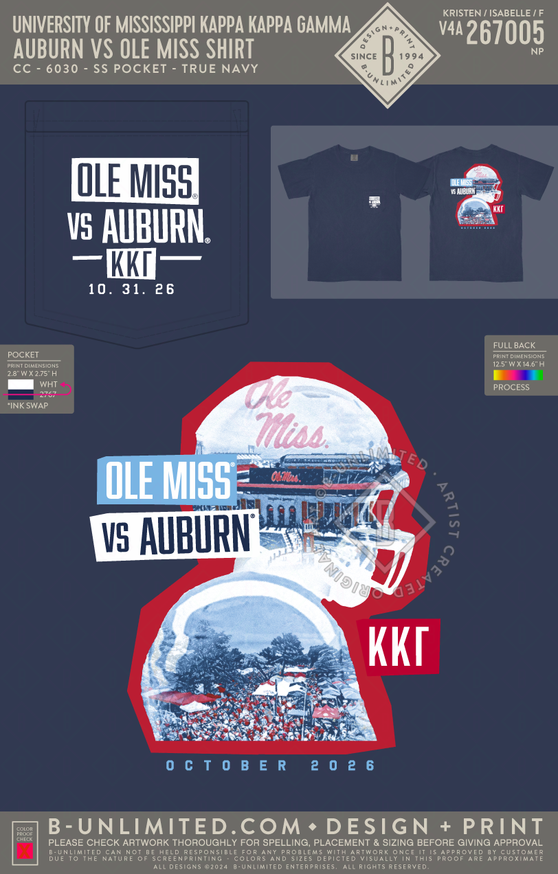 University of Mississippi Kappa Kappa Gamma - Auburn vs Ole Miss Shirt - CC - 6030 - SS Pocket - True Navy