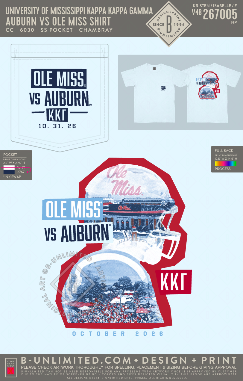 University of Mississippi Kappa Kappa Gamma - Auburn vs Ole Miss Shirt - CC - 6030 - SS Pocket - Chambray