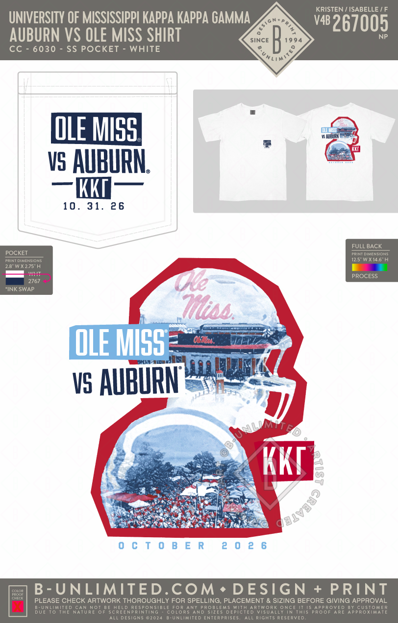 University of Mississippi Kappa Kappa Gamma - Auburn vs Ole Miss Shirt - CC - 6030 - SS Pocket - White
