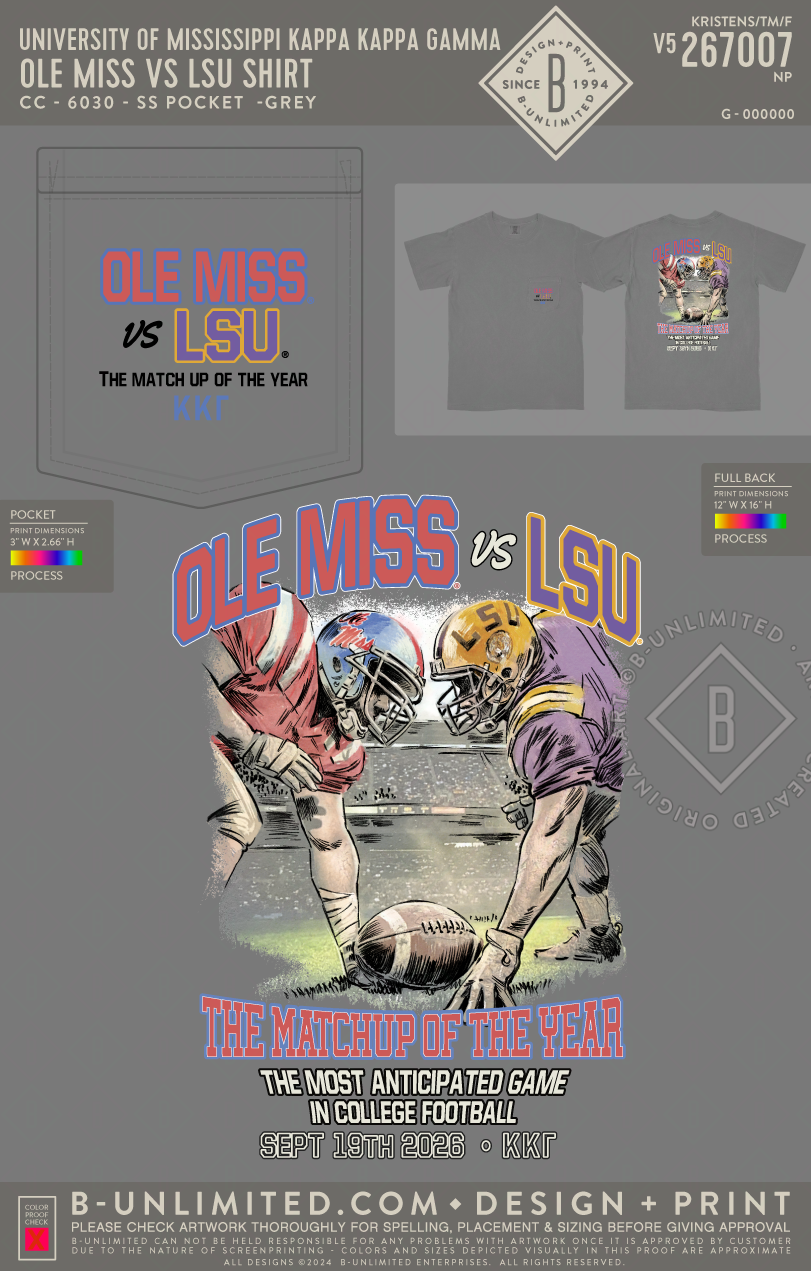 University of Mississippi Kappa Kappa Gamma - Ole Miss vs LSU Shirt - CC - 6030 - SS Pocket - Grey