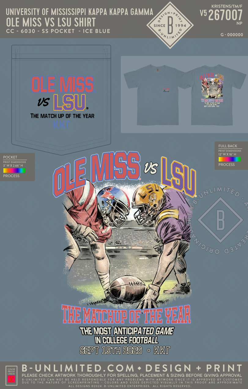University of Mississippi Kappa Kappa Gamma - Ole Miss vs LSU Shirt - CC - 6030 - SS Pocket - Ice Blue