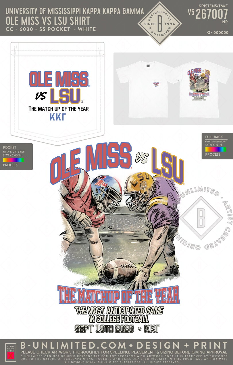 University of Mississippi Kappa Kappa Gamma - Ole Miss vs LSU Shirt - CC - 6030 - SS Pocket - White