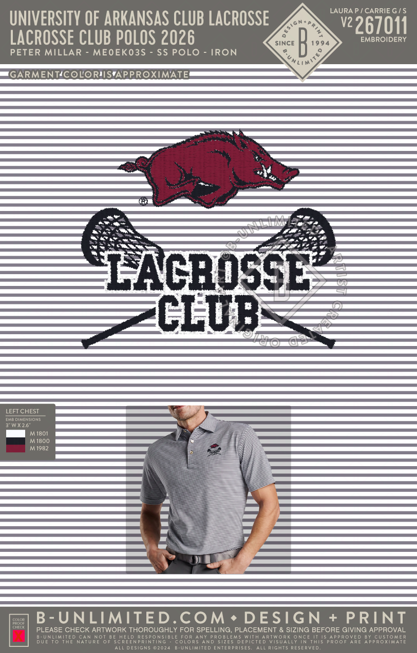 University of Arkansas Club Lacrosse - Lacrosse Club Polos 2026 - Peter Millar - ME0EK03S - Hales Performance Polo - Iron