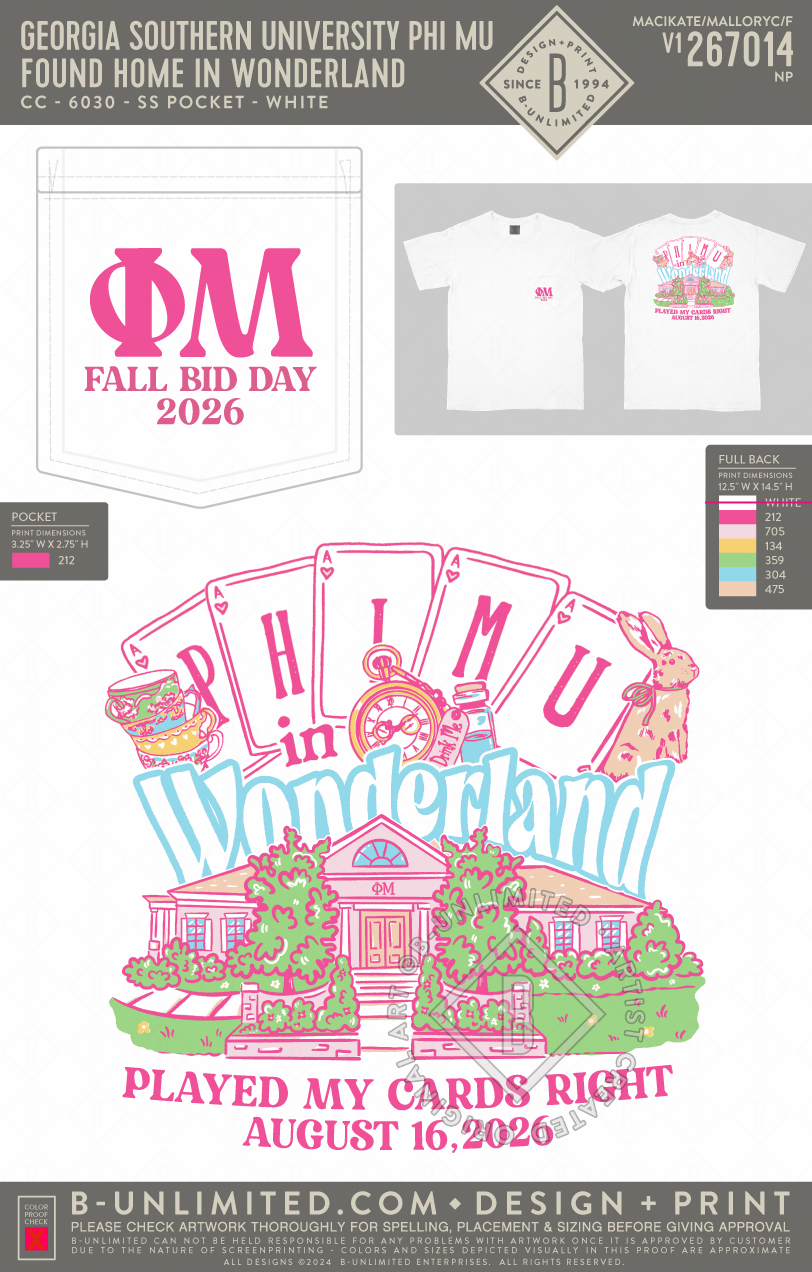 Georgia Southern University Phi Mu - Found Home in Wonderland - CC - 6030 - SS Pocket - White