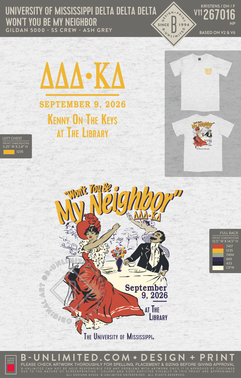 University of Mississippi Delta Delta Delta - Won't You Be My Neighbor - Gildan - 5000 - SS Crew - Ash Grey