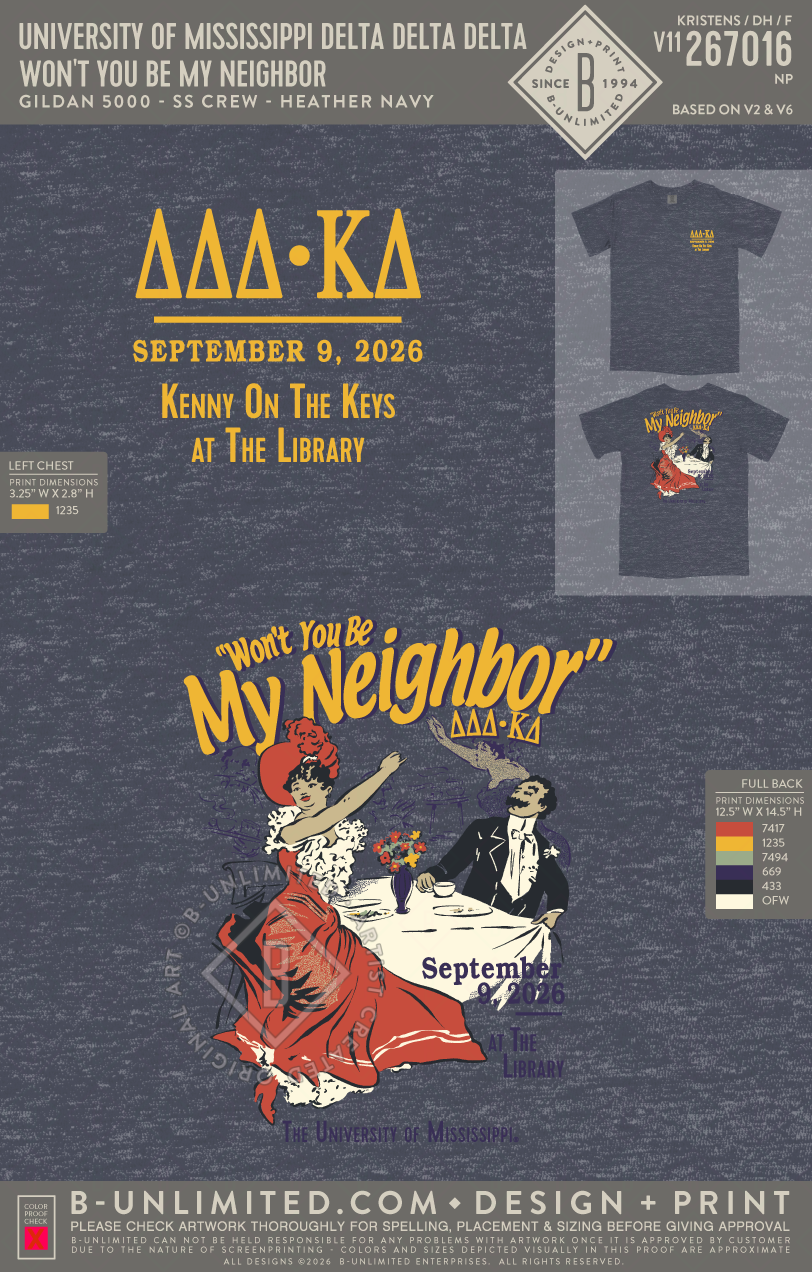 University of Mississippi Delta Delta Delta - Won't You Be My Neighbor - Gildan - 5000 - SS Crew - Heather Navy