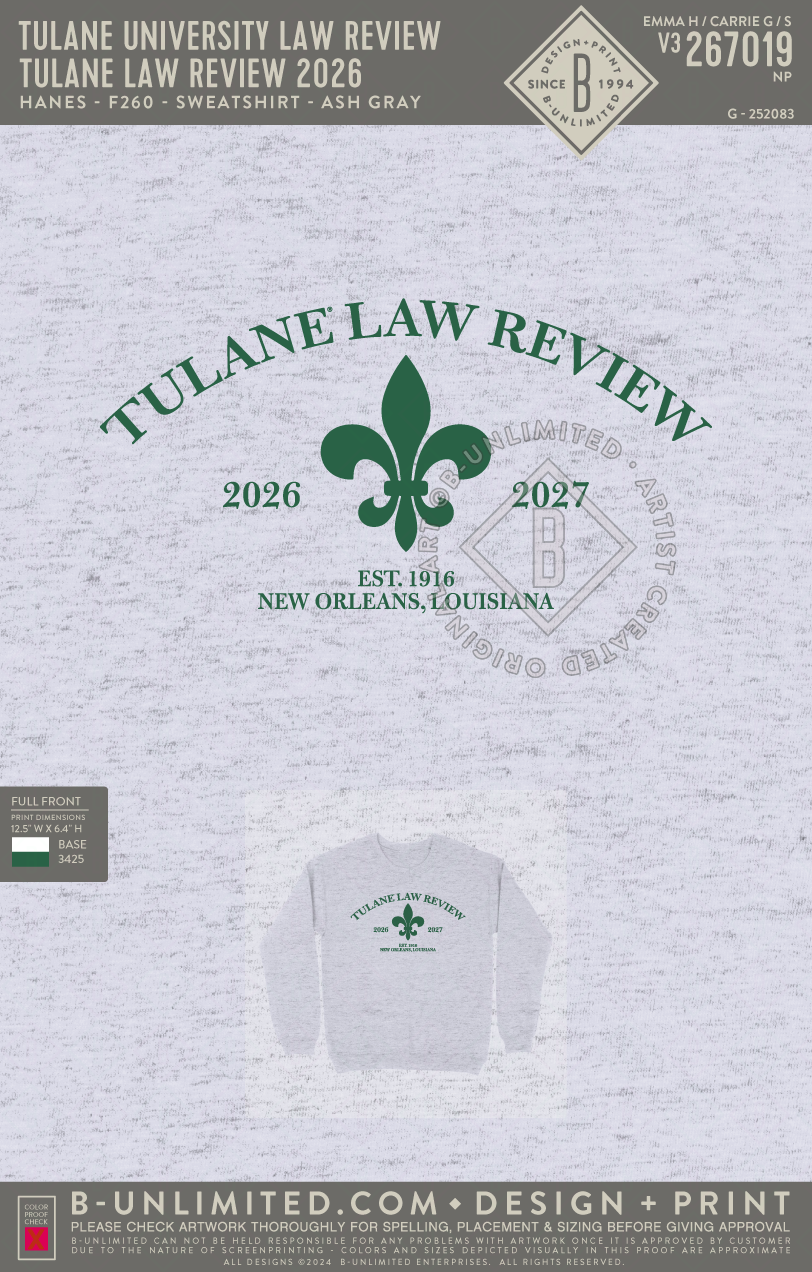 Tulane University Law Review - Tulane Law Review 2026 - Hanes - F260 - Sweatshirt - Ash