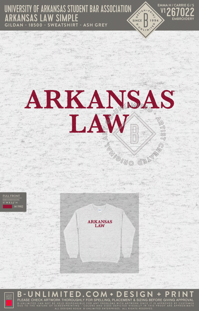 University of Arkansas Student Bar Association - Arkansas Law Simple - Gildan - 18000 - Crewneck Sweatshirt - Ash Grey