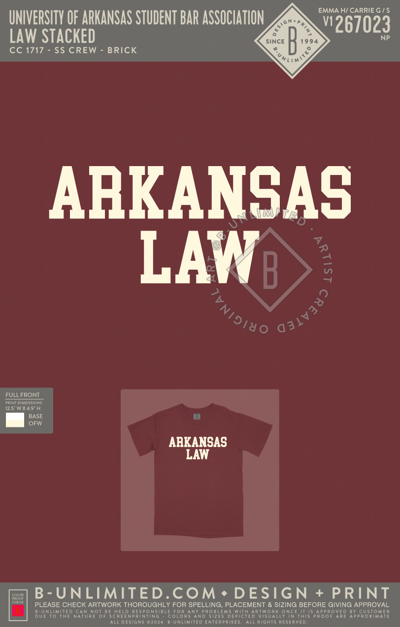 University of Arkansas Student Bar Association - Law Stacked - CC - 1717 - SS Crew - Brick