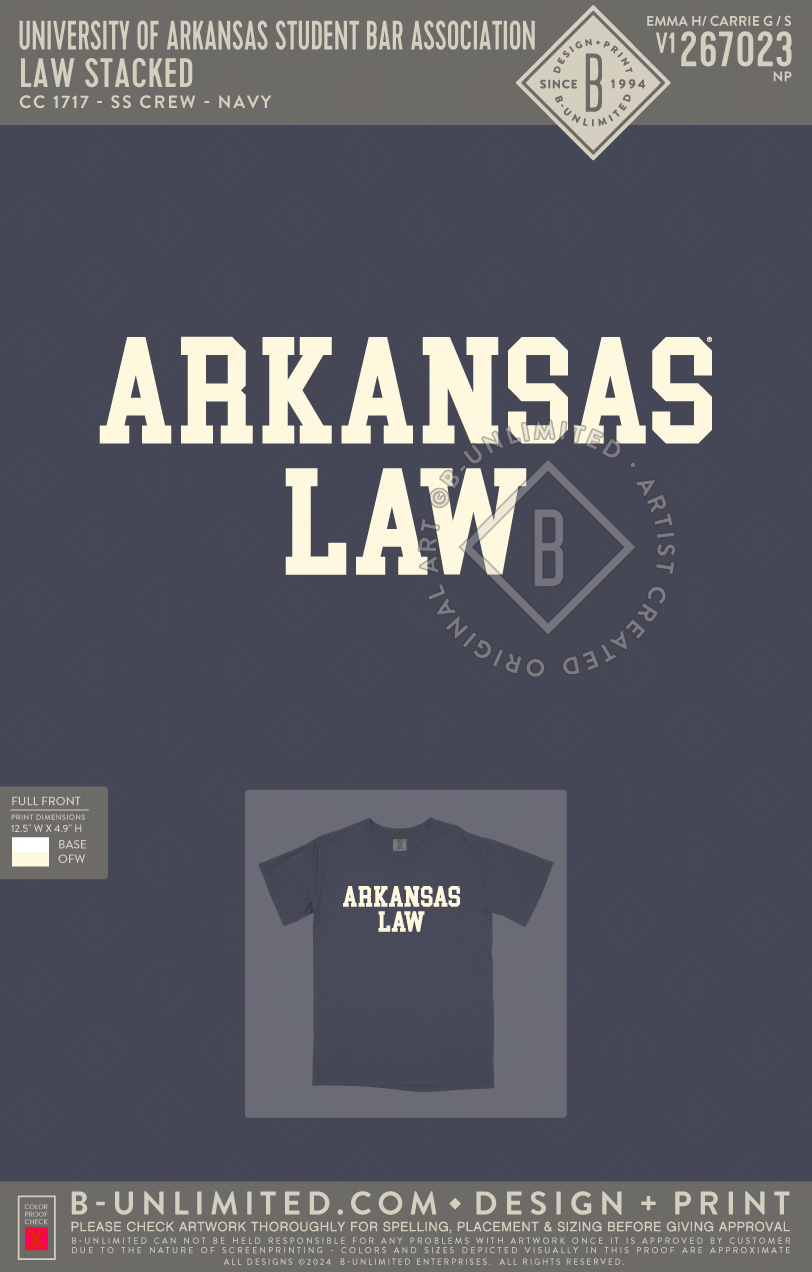 University of Arkansas Student Bar Association - Law Stacked - CC - 1717 - SS Crew - Navy