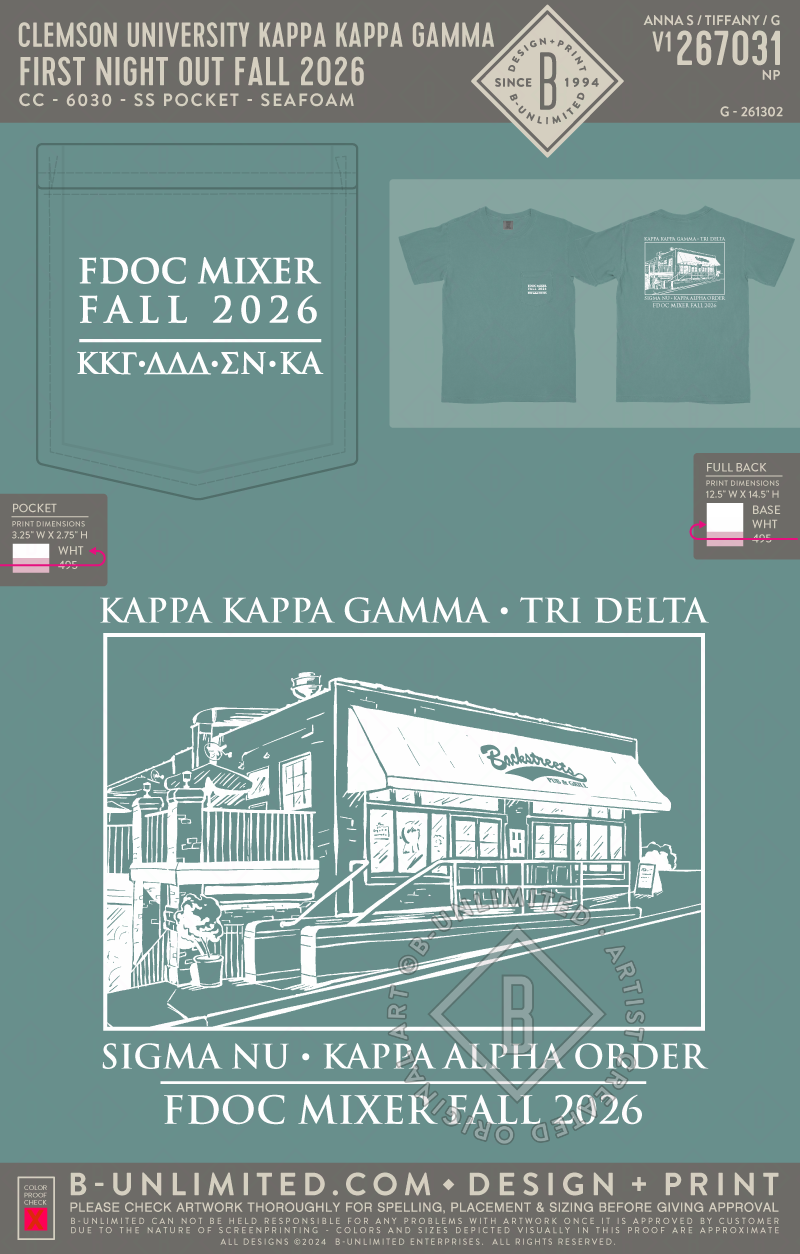 Clemson University Delta Delta Delta - First Night Out Fall 2026 - CC - 6030 - SS Pocket - Seafoam