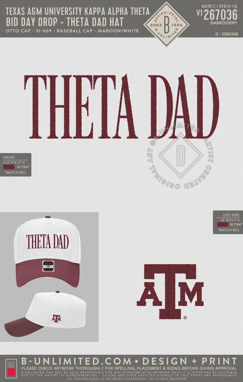 Texas A&M University Kappa Alpha Theta - Bid Day Drop - Theta Dad Hat - Otto Cap - 31-069 - Baseball Cap - Maroon/White