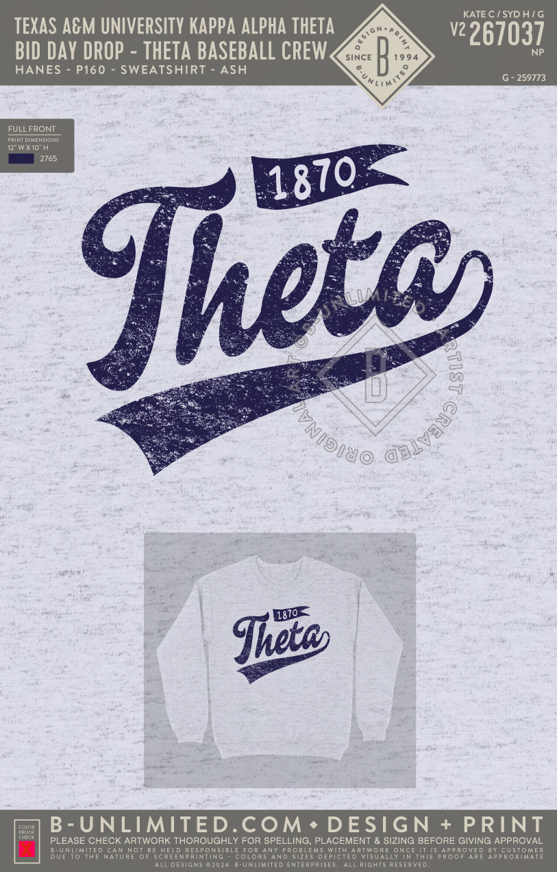 Texas A&M University Kappa Alpha Theta - Bid Day Drop - Theta Baseball Crew - Hanes - P170 - Hoodie - Ash
