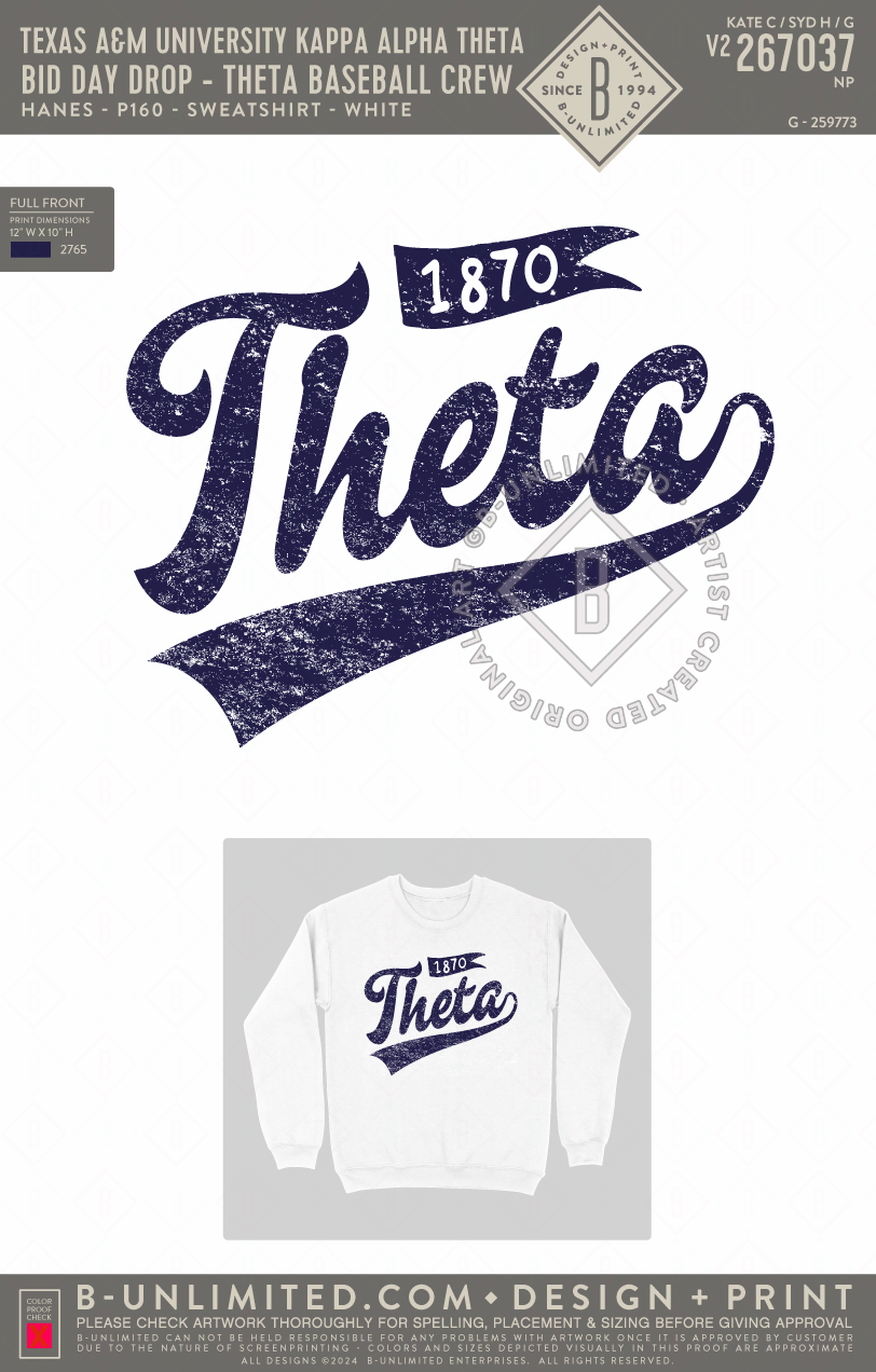 Texas A&M University Kappa Alpha Theta - Bid Day Drop - Theta Baseball Crew - Hanes - P160 - Sweatshirt - White