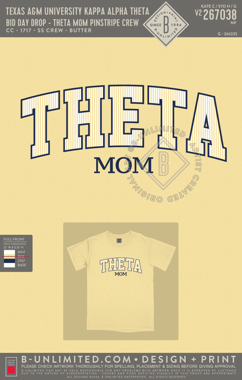 Texas A&M University Kappa Alpha Theta - Bid Day Drop - Theta Mom Pinstripe Crew - CC - 1717 - SS Crew - Butter