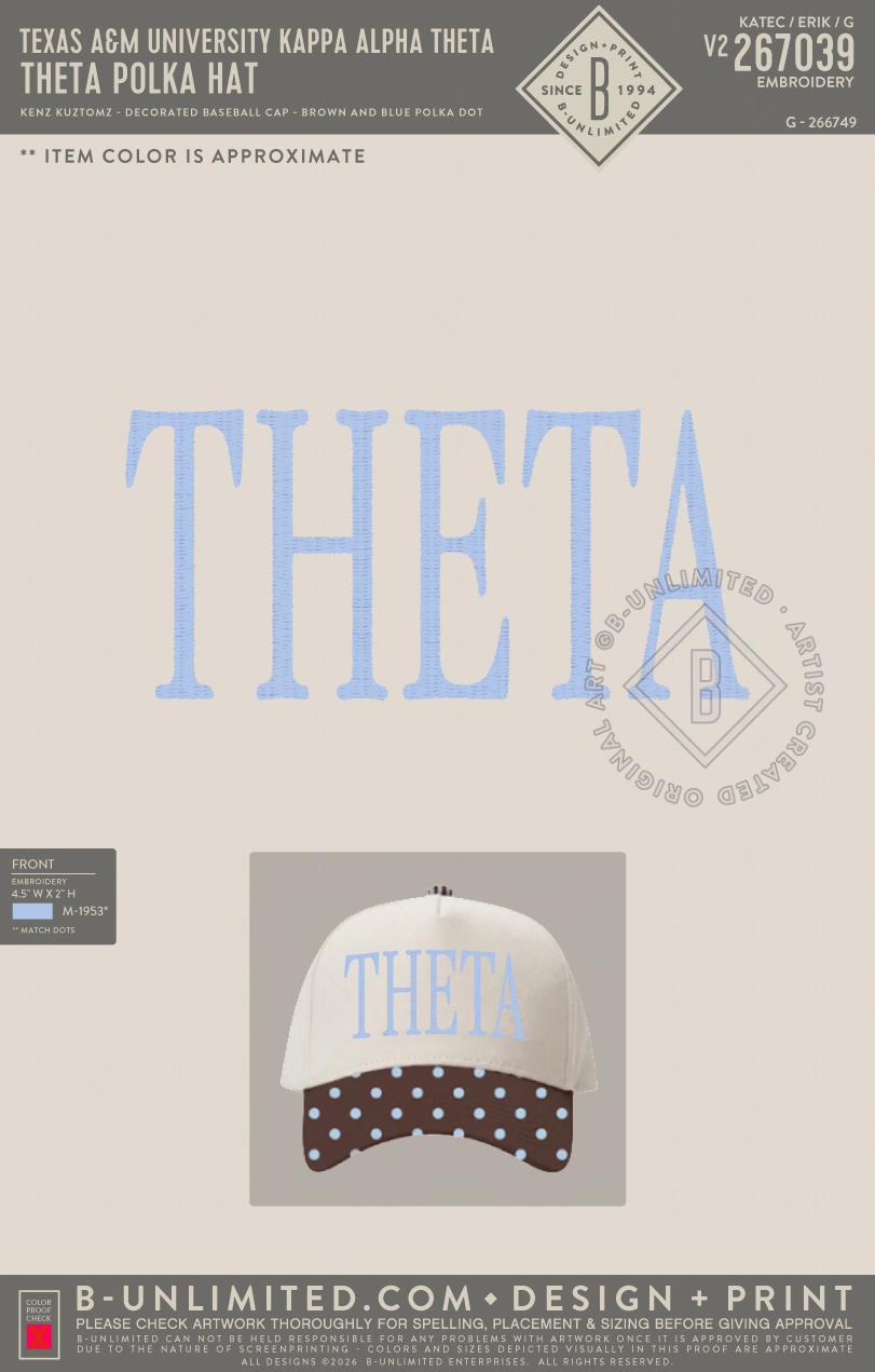 Texas A&M University Kappa Alpha Theta - Theta Polka Hat - Kenz Kuztomz - Decorated Baseball Cap - Brown and Blue Polka Dot