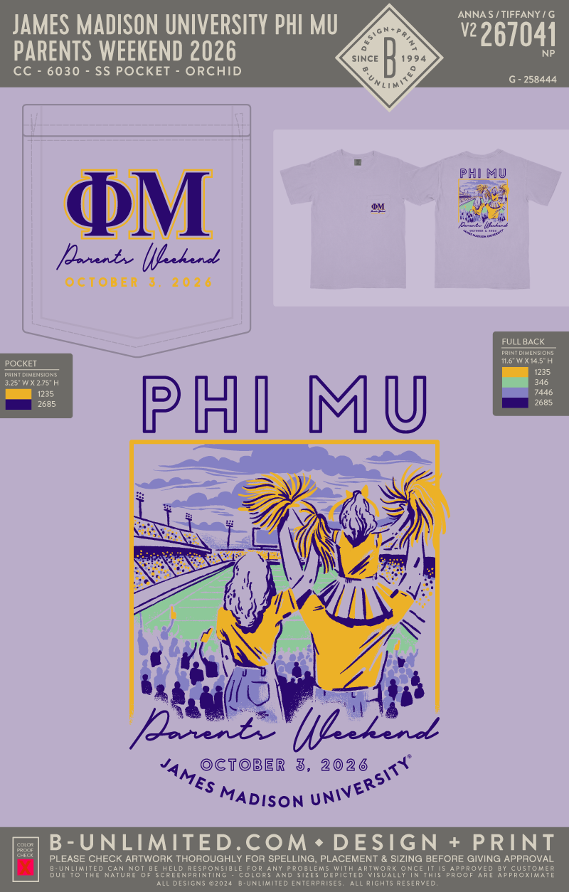 James Madison University Phi Mu - Parents Weekend 2026 - CC - 6030 - SS Pocket - Orchid
