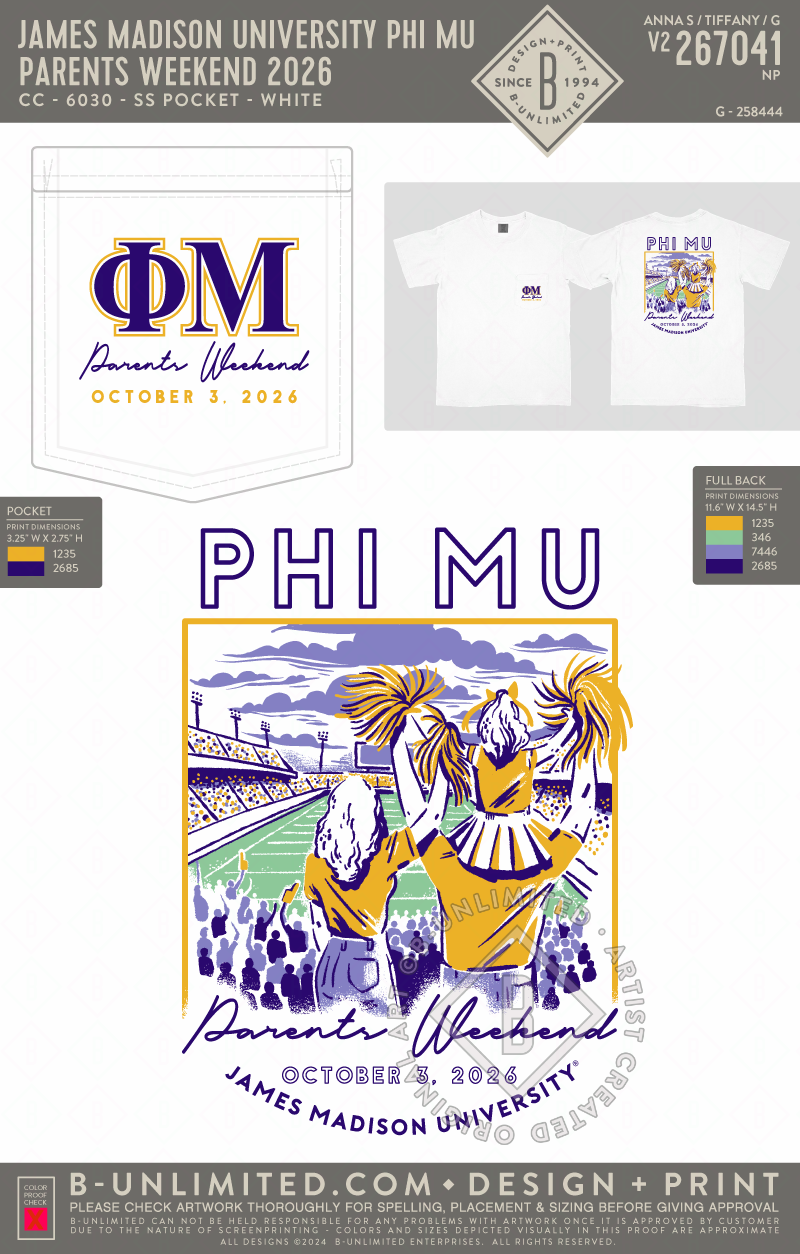James Madison University Phi Mu - Parents Weekend 2026 - CC - 6030 - SS Pocket - White
