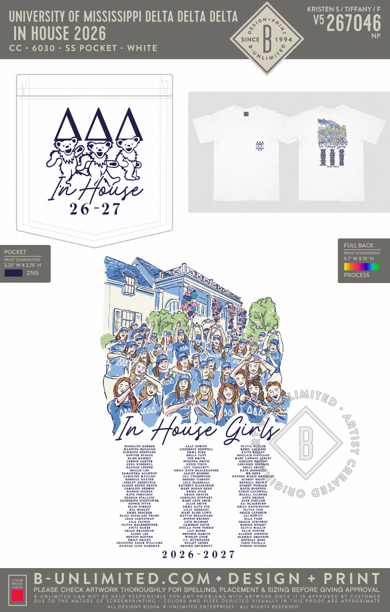 University of Mississippi Delta Delta Delta - In House 2026 - CC - 6030 - SS Pocket - White