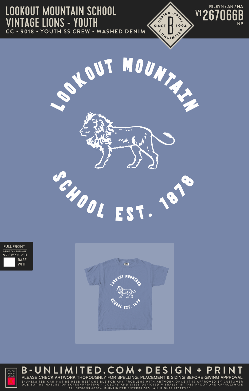Lookout Mountain School - Vintage Lions (YOUTH) - CC - 9018 - Youth SS Crew - Washed Denim