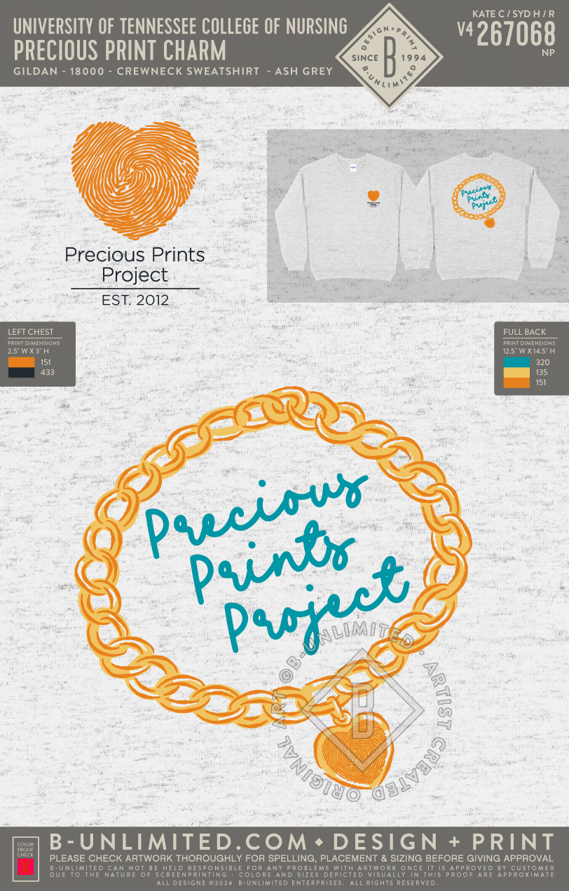University of Tennessee College of Nursing - Precious Print Charm - Gildan - 18000 - Crewneck Sweatshirt - Ash Grey