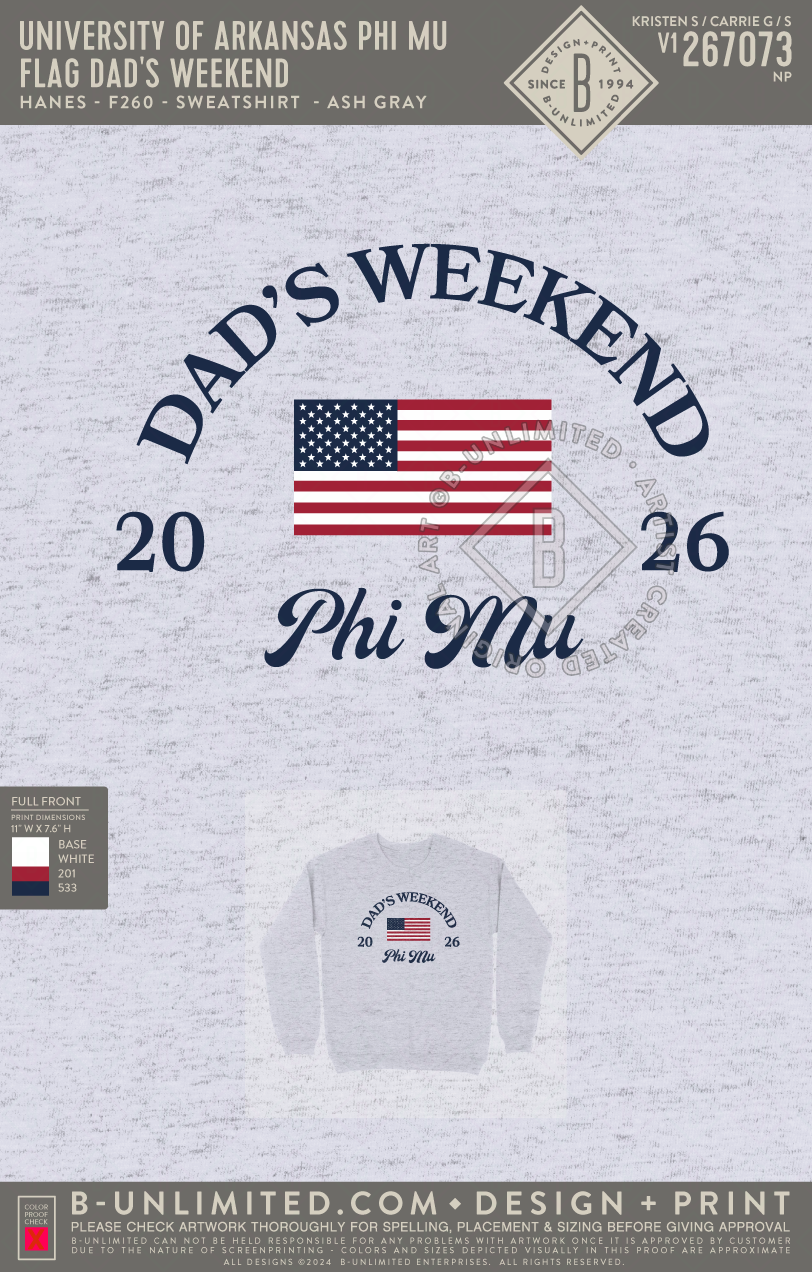 University of Arkansas Phi Mu - Flag Dad's Weekend - Hanes - F260 - Sweatshirt - Ash
