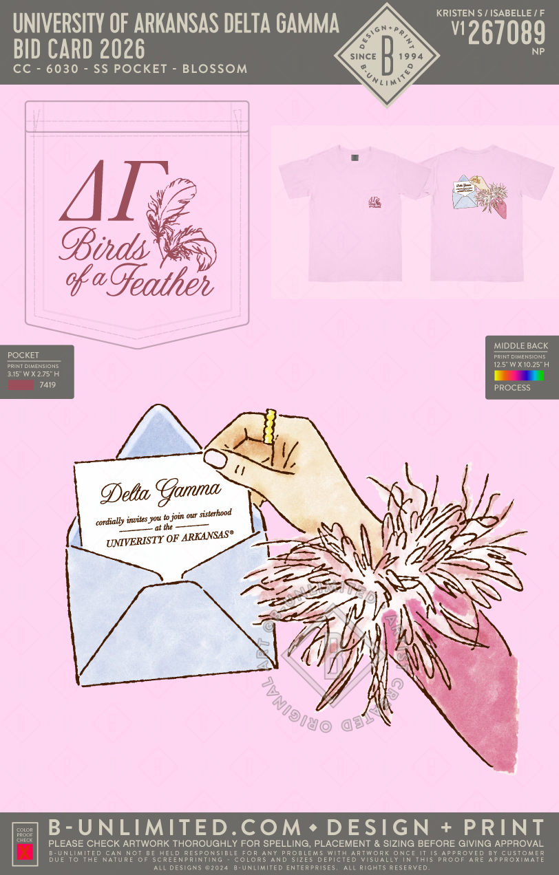 University of Arkansas Delta Gamma - Bid Card 2026 - CC - 6030 - SS Pocket - Blossom