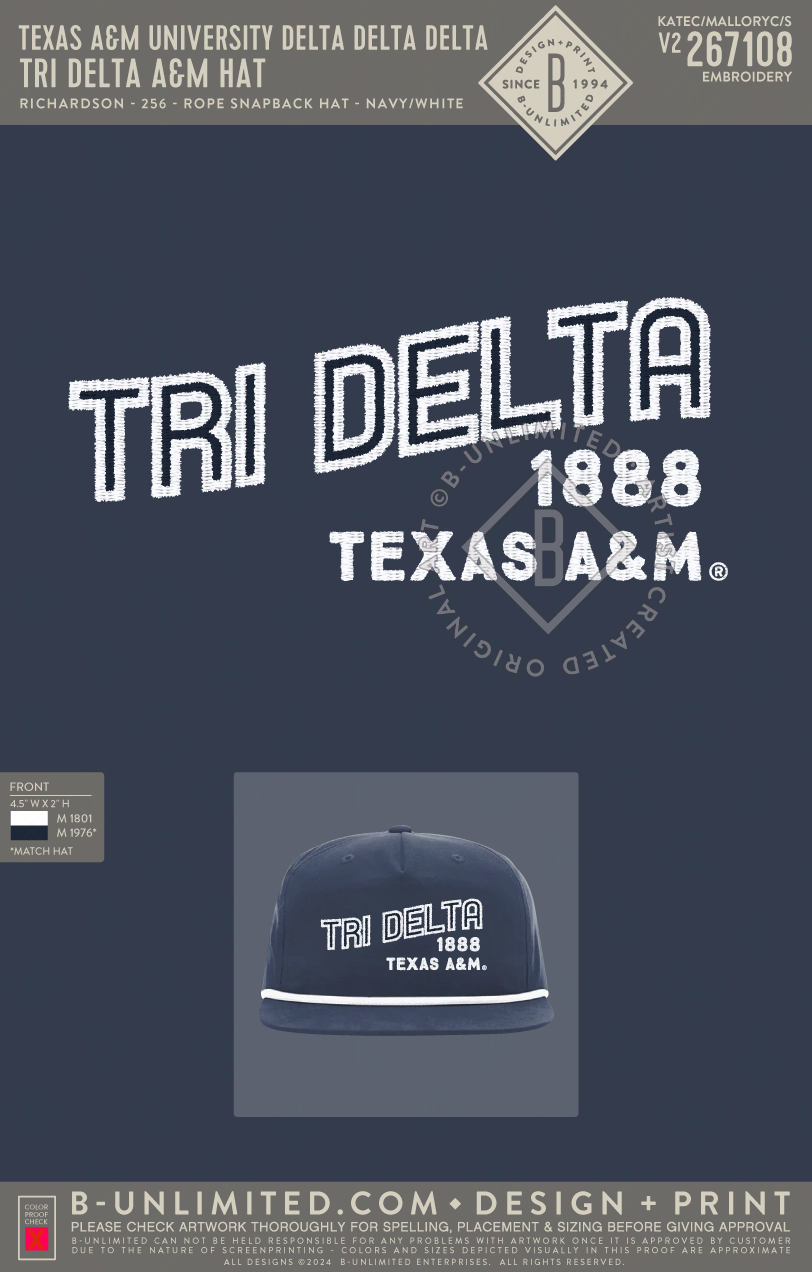 Texas A&M University Delta Delta Delta - Tri Delta A&M Hat - Richardson - 256 - Rope Snapback Hat - Navy/White