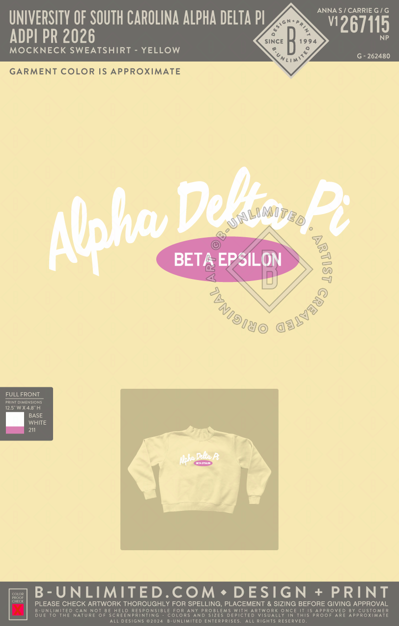 University of South Carolina Alpha Delta Pi - ADPI PR 2026 - Tap Stitch - WW0004-P001-V2 - Mockneck Crewneck Sweatshirt - Yellow