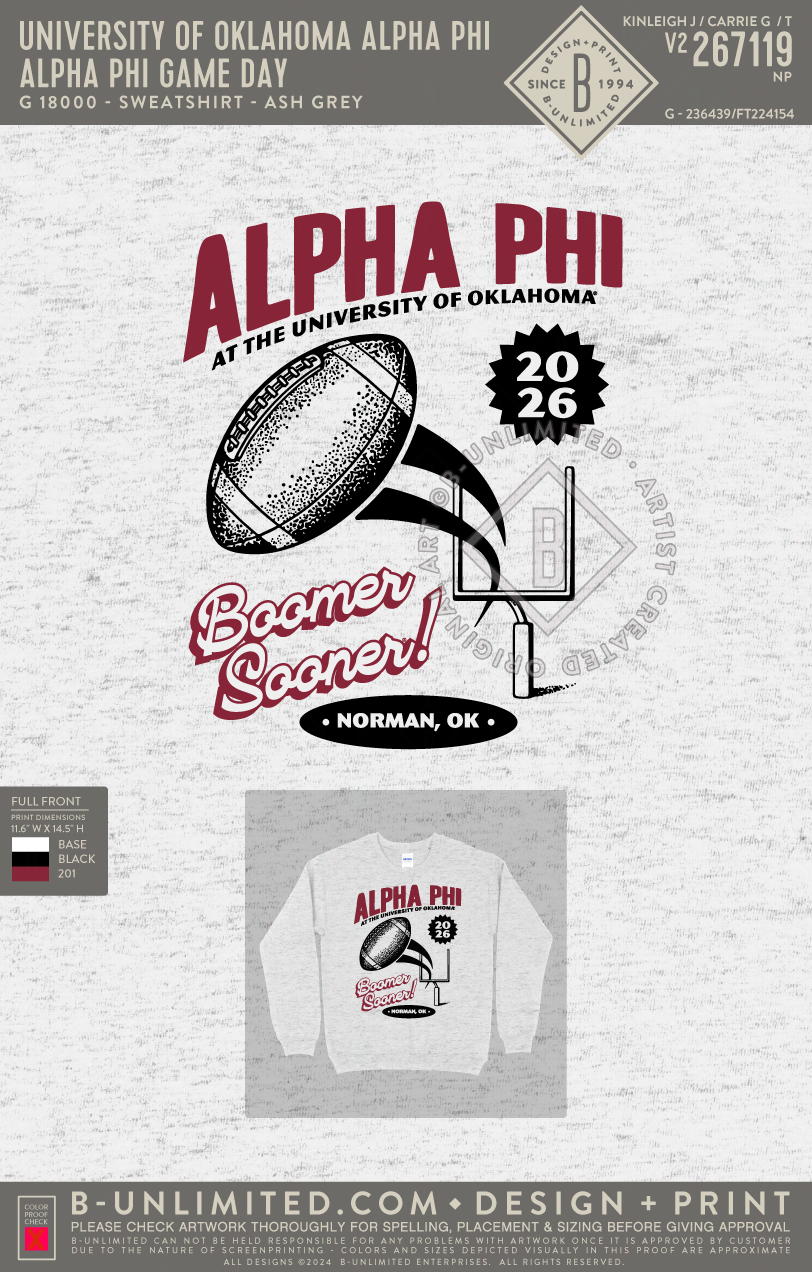 University of Oklahoma Alpha Phi - Alpha Phi Game Day - Gildan - 18000 - Crewneck Sweatshirt - Ash Grey