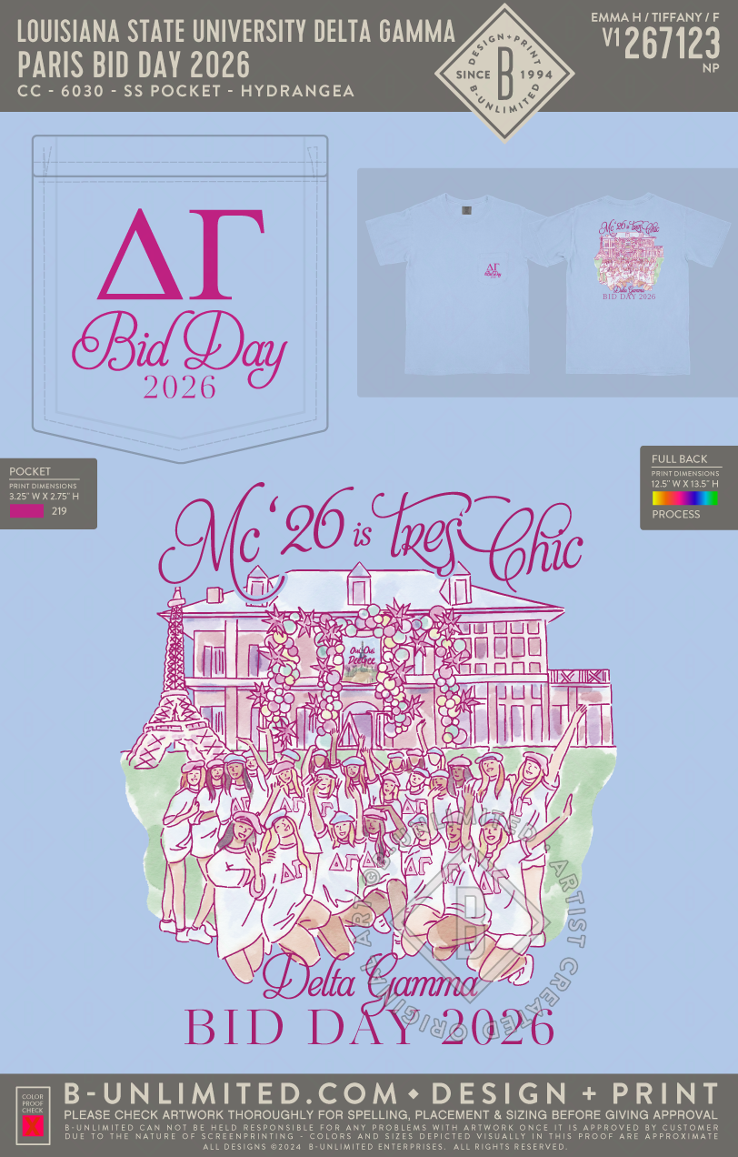 Louisiana State University Delta Gamma - Paris Bid Day 2026 - CC - 6030 - SS Pocket - Hydrangea
