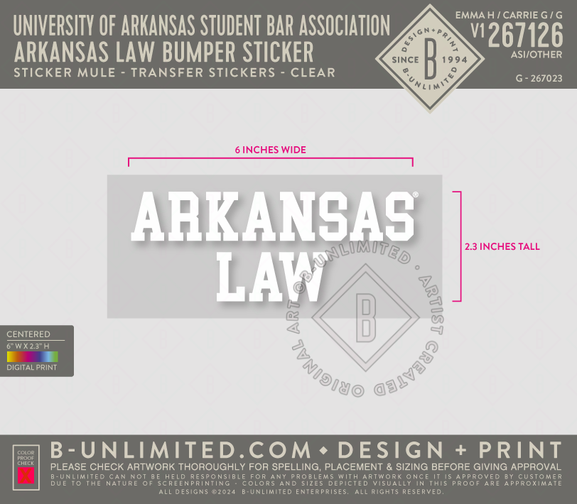 University of Arkansas Student Bar Association - Arkansas Law Bumper Sticker - Sticker Mule - Transfer Stickers - Transferable